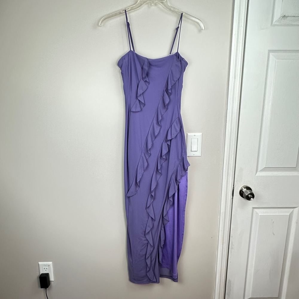 Angel Biba Purple Ruffle Maxi Dress Sleeveless Side Slit Lavender US S AU 8 - Picture 6 of 7